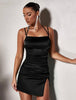 Split satin cami dress in black