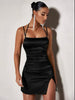 Split satin cami dress in black