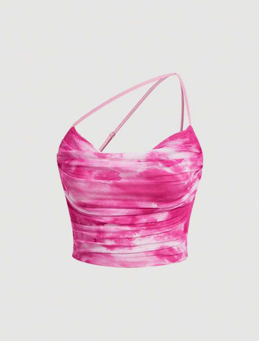 Tie dye one shoulder mesh top