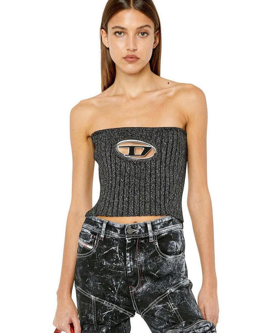 Diesel logo plaque cut out bandeau top in silver