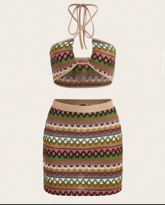 Geo pattern halter top & skirt in khaki