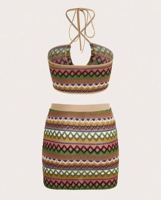 Geo pattern halter top & skirt in khaki